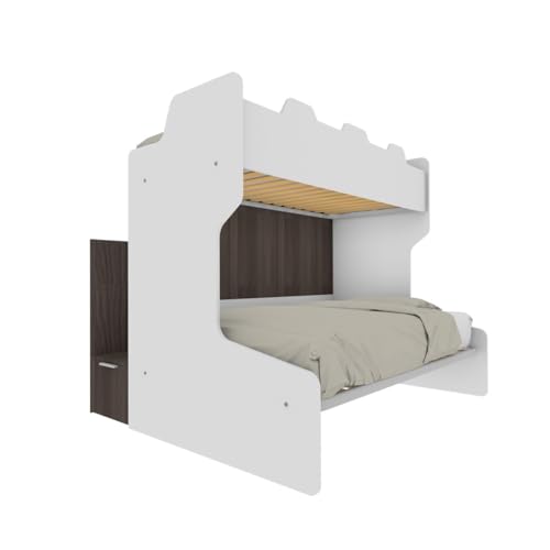 MOBILFINO CAMERETTE Litera ahorradora de espacio con escalera contenedora – 1 plaza y media + individual – Blanco y Olmo, sin cama extraíble