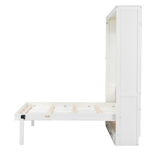 Merax Modern Full Size Murphy Bed with 2 Drawers, Space Saving Wall Bed Foldable into Wardrobe, Solid Pine Wood Frame, No Box Spring Needed, Beige