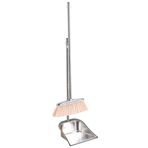 ptumcial Dustpan and Brush Sets Stainless Steel Long Handled Dustpan and Brush Heavy Duty Upright Sweeping Brush with Hanging Hoop Hand Brooms