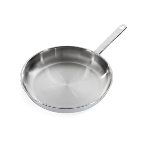 BK Bright Poêle à Frire en Acier Inox de 28 cm, Extérieur Poli, Manche Froide, Cuisson Professionnelle, Induction, Va au Four jusqu'à 230°C, Ustensiles en Métal, Lavable au Lave-Vaisselle, Argent