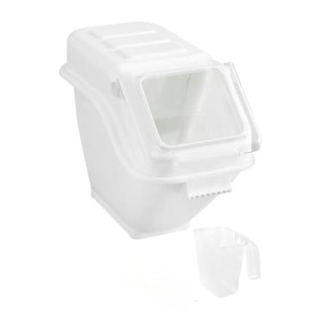 Soro Essentials- 5 Gallon Shelf Ingredient Bin with Hinged Clear Lid Plastic Scoop White Color- Kitchen Food Container Food Storage for Sugar Grains Rice Baking Supplies
