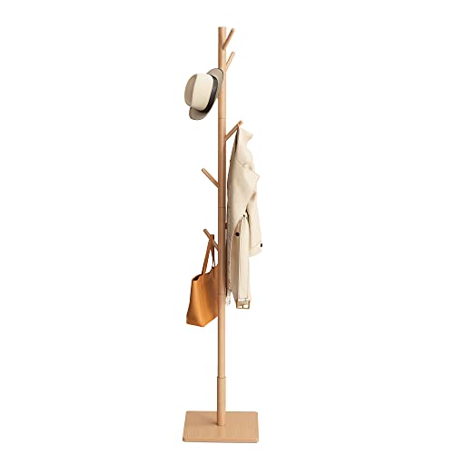 JOISCOPE Perchero de Madera Independiente, Robusto Perchero de Pie con 3 Tamaños Ajustables, 8 Ganchos y 4 Patas Antideslizantes Para Sombreros, Bufandas,Ropa y Bolsos(color madera) Cover