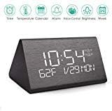 Wooden Digital Alarm Clock with 7 Levels Adjustable Brightness, HattyRoom Electric LED Bedside Travel Triangle Alarm Clock for Bedroom Office Home