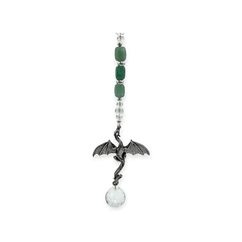 Handmade Dragon Crystal Sun Catcher - Car Rear View Mirror Charm with Green Aventurine Gemstones - Flying Dragon Window Hanging - Crystal Ball Prism