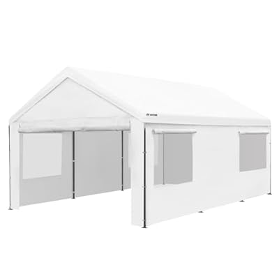 OUTFINE Carport Canopy 12x20 FT Heavy Duty Boat Car Canopy Garage with Removable Sidewalls and Roll-up Ventilated Windows, Tent Stakes x 12, Windproof Ropes x 4, Sandbags x 4 (White)