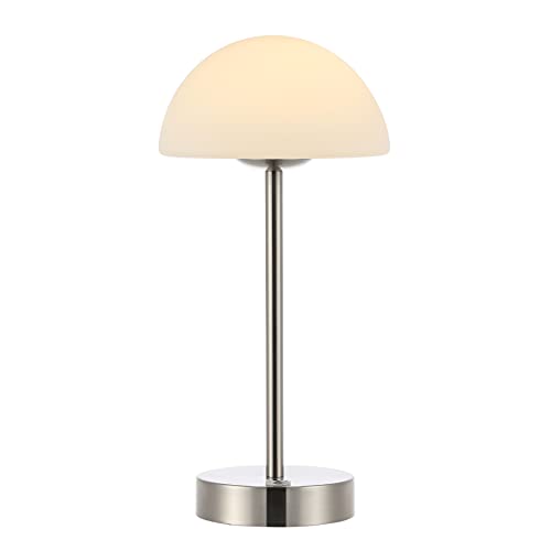 Image of JONATHAN Y Xavier 12.5 inch Metal Cordless LED Table Lamp, Nickel | Rechargeable, Dimmable Touch Sensor, White Frosted Glass Dome, Portable Minimalist Accent Light, Integrated Bulb Included