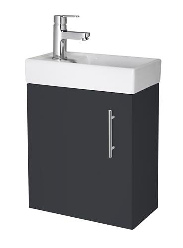 Image of Balterley Saint Cloakroom Wall Hung 1 Door Vanity Unit with Basin, 400mm, Satin Dark Grey