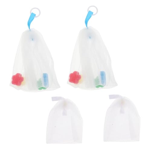 WRITWAA 4pcs Facial Exfoliating Meshes Soap Foaming Bags for Face Wash Net Pouches for Dense Bubble Making Comfortable Texture Suitable for All Skin Types with Mini Sponge Flower Design