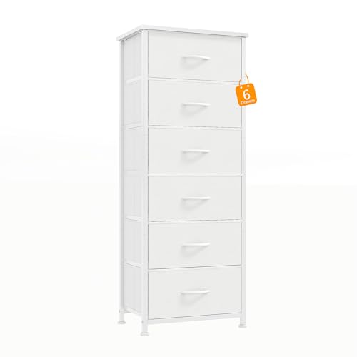 CAIYUN Commode étroite à 6 tiroirs en tissu haut et étroit en bois pour chambre à coucher, salon, couloir, chambre d'enfant, blanche
