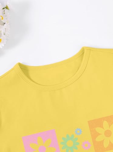 Image of Girls Graphic Tees Summer Short Sleeve Tops Casual Cute Flower Shirt Yellow 13-14 Years