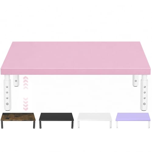 Image of ECOLOVI Adjustable Wood Computer Monitor Stand Riser, Office Desk Organizer and Accessories for Monitor, Laptop, PC, Printer, Office Desk Accessories Workspace Organizer for Home Office Supplies, Pink
