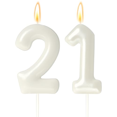 21 Candles 21st Birthday Decorations for Women White 21st Candle for Beige Birthday Decorations 21 Cake Topper for 21 Year Old Girl Cream Birthday Party Decor Party Supplies Favors(Number 21 Candle)