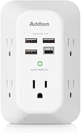 USB Wall Charger, Power Strip with 5 Outlet Extender 4 USB Charging Ports (1 USB C, 4.5A Total) 3-Sided 1800J Surge Protector Power Bar Multi Plug Outlets Wall Adapter Spaced for Home Travel Office