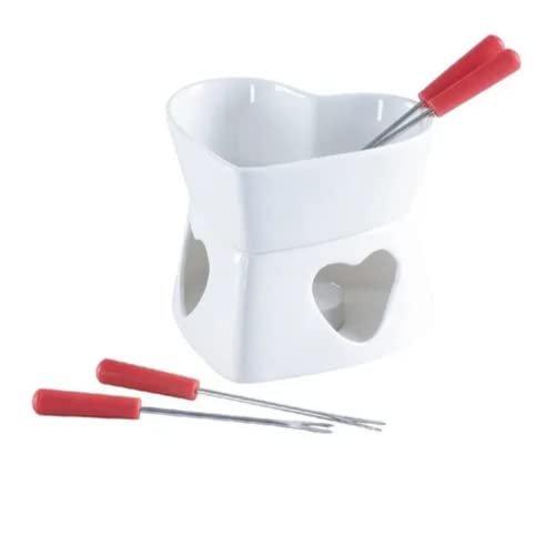 Conjunto Jogo Fondue Hauskraft Porcelana Branco e Petisqueira Coração Vermelho 13 Peças