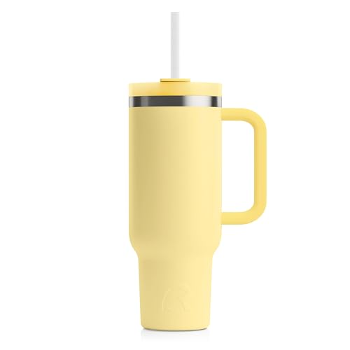 RTIC 30 oz Road Trip Tumbler Double-Walled Insulated Stainless Steel Portable Travel Coffee Mug Cup with Lid, Handle and Straw, Ceramic-Lined, Sunlight