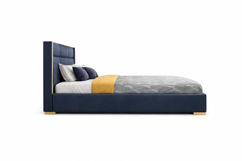 Image of Royal Modern Upholstered Queen Size Bed with Hydraulic Storage for Bedroom | Wooden Double Beds for Home & Hotels | Platform Cot Bed with Upholstery Fabric, 6.5 x 5 Ft | Sheesham, Blue