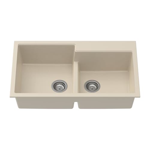 Image of Carysil TIP TOE DB ULTRA Quartz Kitchen Sink 34 x 20 x 8 inches, Single Bowl with Drain Board, 80% Quartz & 20% Resin, Heat Resistant 300C, 50kg Load, Scratch Resistant Granite Sink - Cream