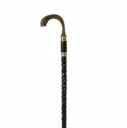 Antique Gold Snake-Pattern Brass Handle Carved Dark Wooden Walking Cane