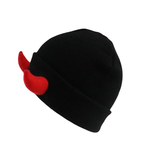 Womens Halloween Devil Horn Hat Skull Hat Warm Knitted Winter Beanie Cuffed Funny Alt Emo Scene Cap Y2k Accessories (US Alpha One Size Black-Red)
