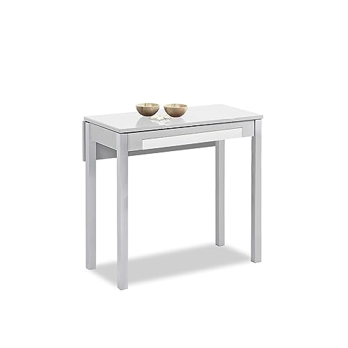 Mesa de Cocina Extensible 1 ala caida - 80x40 cm (80x60 cm) - Estructura y ala caida Color Aluminio - Tapa Cristal Color Blanca