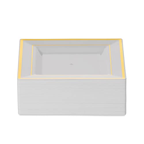 Bloomingoods Plastic Disposable Square Dinner Plates | 50-Pack 9.5 Inches White With Gold Rim Square Plates | Ideal For Weddings, Parties, & Catering | Heavy Duty & Non Toxic #TOP4