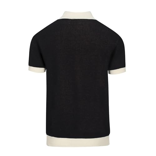 Men's Knitted Polo Shirt, Retro Heart Pattern Casual Poloshirt Summer Short Sleeve with Button, White and Black2