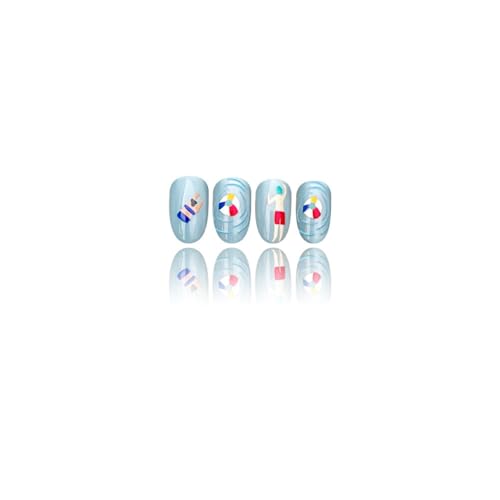 Image of Blue Press on Nails Medium Oval Fake Nails with Summer Swimming Pool Design Reusable Glossy Full Cover Glitter Stick on Nail for Women Manicure 24Pcs