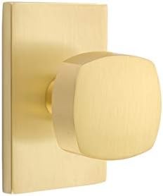 EMTEK Modern Rectangular Rosette Privacy Set with Matching Finish Freestone Square Knob - Choice of 7 Finishes - 5212FRKUS4 - Satin Brass (US4)