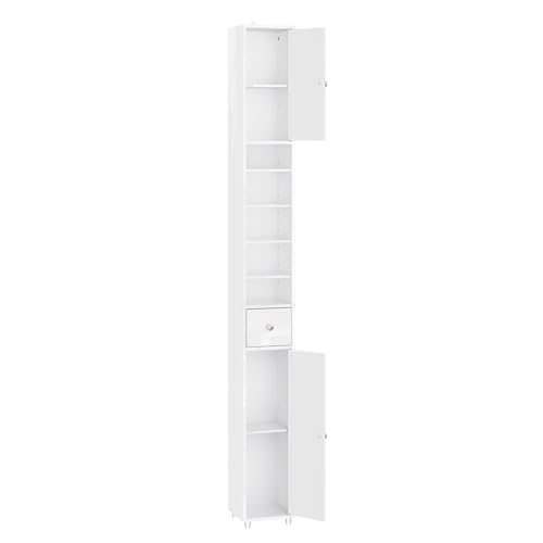 SoBuy Hochglanz-Weiß Badezimmerschrank schmal 20 x 20 cm, Hochschrank Bad 180 cm – platzsparender Nischenschrank Badezimmer mit 6 verstellbaren Böden & Schublade, BZR167-GW