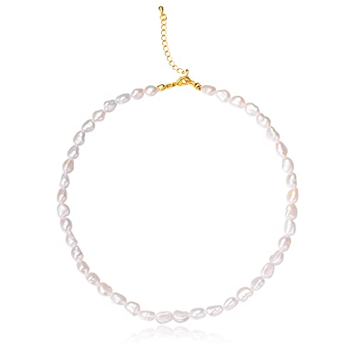 Perlen Ketten Damen Halskette Süßwasser-Zuchtperlen Halsband Reisform Perlenkette Schmuck mit Weiß Elfenbein Echte Perle Geschenk für Frauen Hochzeit Mädchen Bräute, 6-7mm Cover