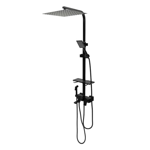 TFIANYNI Sistema de ducha rectangular negro 30 x 30 cm, núcleo de válvula de cerámica, con pistola pulverizadora de alta presión, juego de ducha de lluvia con estante y gancho, altura ajustable