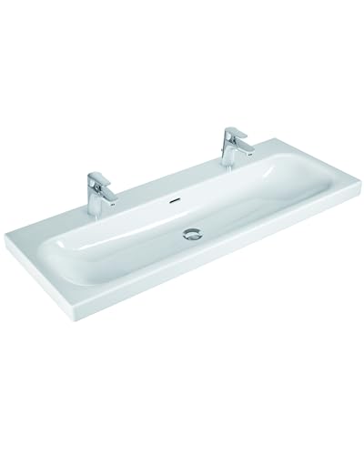 VIGOUR Möbelwaschtisch Derby 120×48 cm, 2 Hahnlöcher, Weiß – Sanitärkeramik für Waschtischunterschrank – breite Ablagefläche, doppelte Nutzung, Pflegeleichte Glasur