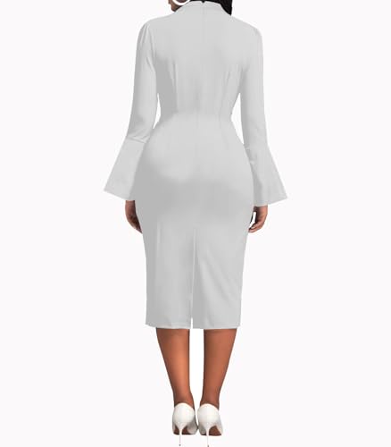 Church Dresses for Women Flare Sleeve V Neck Business Wear to Work Vintage Mid Pencil Formal Dress with Pocket2
