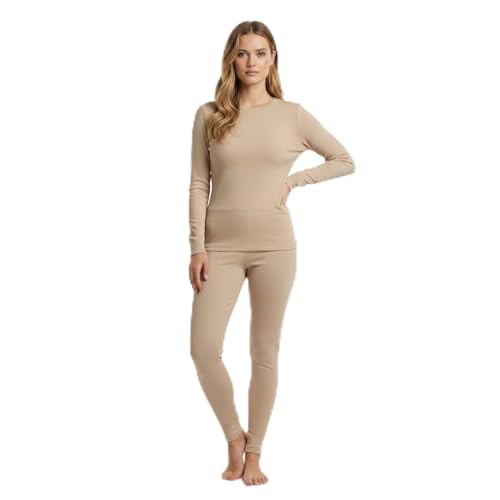 Palleon Thermounterwäsche Damen Set | Merino Wolle Funktionsunterwäsche lang | Atmungsaktiv, Thermoregulierend & Geruchsneutral | Skiunterwäsche für Winter, Sport & Outdoor (beige, M)