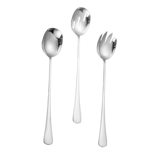 BRIGHTFUFU 3pcs Stainless Steel Salad Utensils Set Long Handle Serving Spoon Fork and Slotted Spoon for Home Kitchen and Easy to Clean Tableware