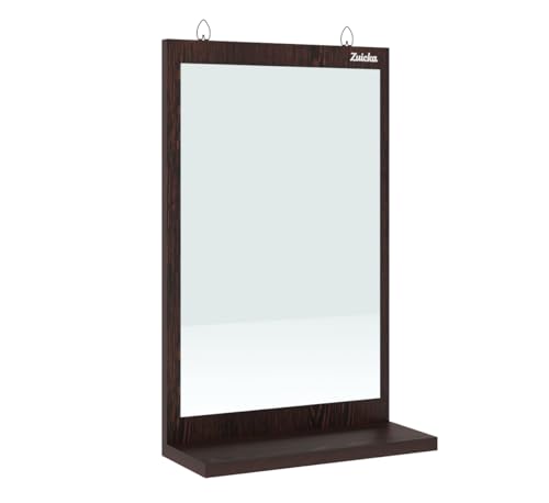 Image of Wall Mounted Wooden Dressing Mirror with Storage Shelf | Bathroom & Bedroom Vanity Mirror Organizer | Engineered Wood Frame | Cosmetic Display Shelf | Dark Wenge Finish | 28 x 45 cm