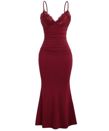 Image of SKAYS Women's Cocktail Dress Maxi Lace Trim Bodycon Long Slip V Neck Ruched Spaghetti Strap Party Dress Backless Gown