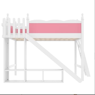 Image of Queen Size Loft Bed with Storage Shelves, Cabinet & Detachable Slide and Ladders, Solid Wood Kids Loft Bed for Space-Saving, Playful & Organized Bedroom (Light White+Pink1, Queen)
