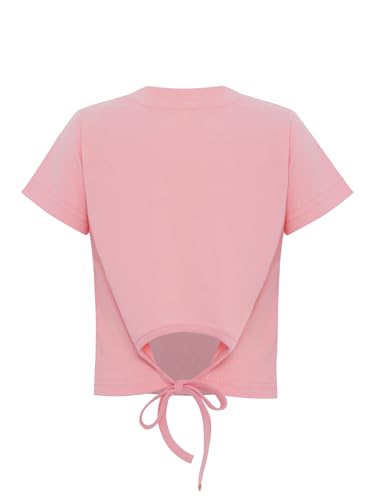 Kids Girls Bowknot Printed Short Sleeve Crop Top Round Neck Lace-up Back T-Shirt for Holiday Party Playwear4