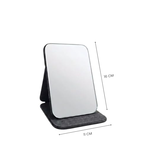 Image of Portable PU Leather Makeup Mirror with Adjustable Stand, Frameless Vanity Mirror for Women, Foldable Travel Mirror for Makeup, Dressing Use, Compact Pocket Beauty Mirror 16 x 11 cm(Black)