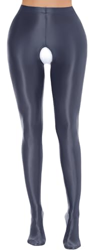 Image of FEOYA Women's Open Crotch Oil Shiny Pantyhose High Waist Control Top Silky Oily Crotchless Footed Tights Stockings