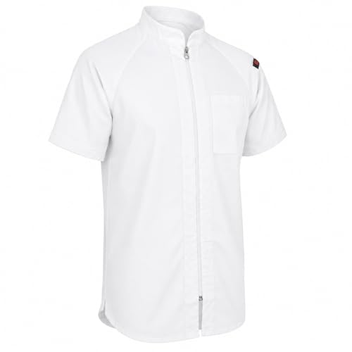 ChefsCloset Seneca Men's Short Sleeve Chef Coat – Professional Mens Chef Jacket for with Center Zipper and Mesh Panels (White, Small)