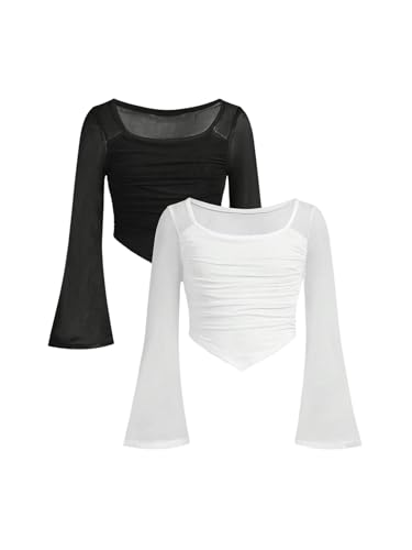 SOLY HUX Girl's 2 Piece Long Sleeve Crop Tops Y2K T Shirts Mesh Ruched Square Neck Tees Cute Clothes