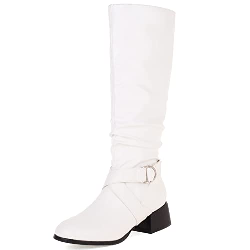Diuniarza Donna Punta Rotonda Knee High Stivali con Imbracatura Warm Tacco Medio Stivali da Equitazione Block Stivali Casuale Lavoro Bianco Numero 39 EU/40 Asiatico