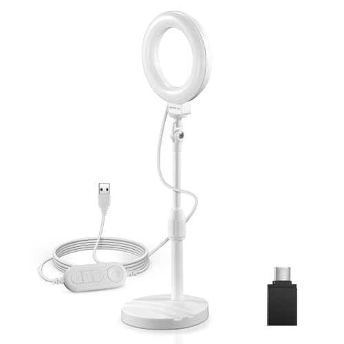 Image of NEEWER BASICS 5 inch /13cm Desk Ring Light with Stand, 10W LED Selfie Light with Phone Holder Base Compatible with iPhone for Video Recording Laptop Webcam Zoom Video Conference Lighting Makeup, White BR60