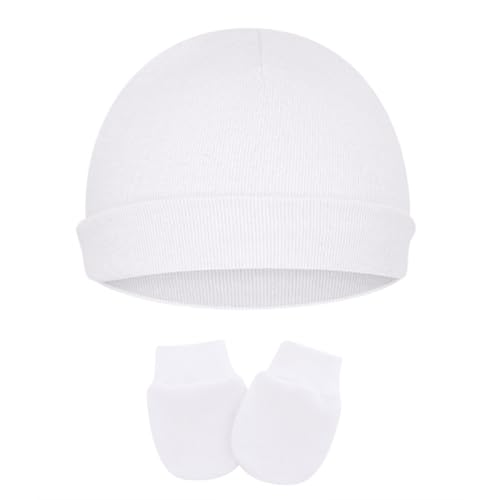 Cotton Baby Hats and Mittens Set Unisex, Toddler No Scratch Mittens and Beanie Cap Infant Newborn Hospital Hat