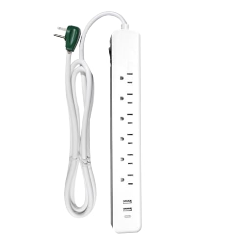 Go Green Power Inc. 6-ft Cord Surge Protector with 6 Outlets, USB-A and USB-C, 450 Joules - Compact, Heavy Duty, Circuit Breaker - Ideal for Home & Office - GG-1662USBC
