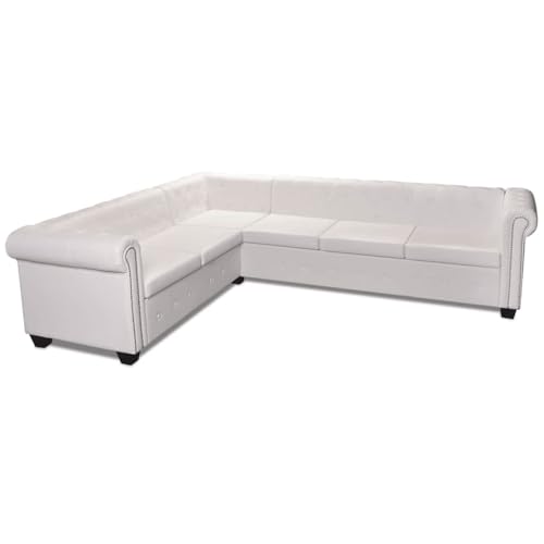 Mhdvray Canapé d'angle Chesterfield 6 Places en Cuir Artificiel Blanc, Design Capitonnée avec Détails à Clous et Accoudoirs Courbés, Grand Sofa pour Salon et Bureau, 260 x 205 x 73 cm