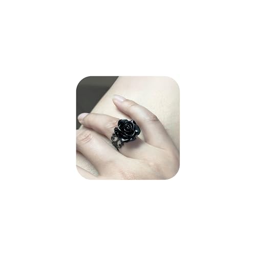 Vintage Red Rose Flower Rings Black Rose Band Rings Punk Gothic Open Statement Adjustable Flower Rings for Women Valentine Halloween Party Jewelry (Black Ring)