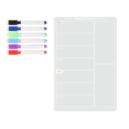 Planificador de comidas acrílico para refrigerador, tabla de alimentos, pizarra de borrado en seco, calendario semanal con marcadores de 6 colores